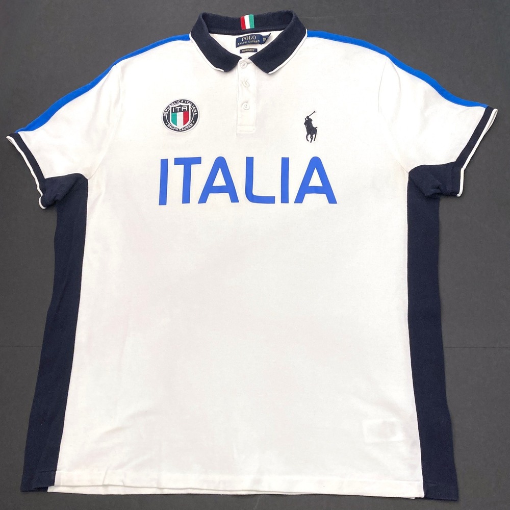 Polo Ralph Lauren Italia Shirt Mens 2XL Blue Big Pony Shirt Italy Cotton White